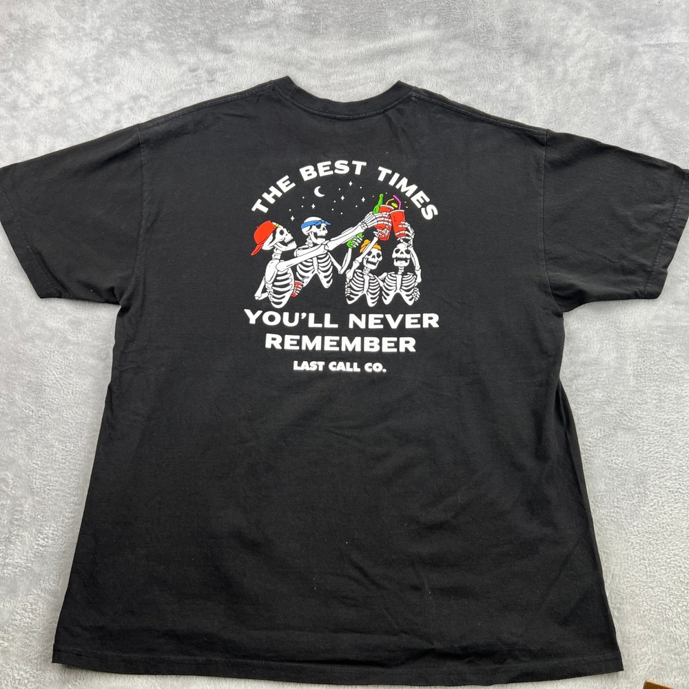 Last Call Co Skeleton Graphic T-Shirt 2XL Black Men Streetwear Skate Party Tee